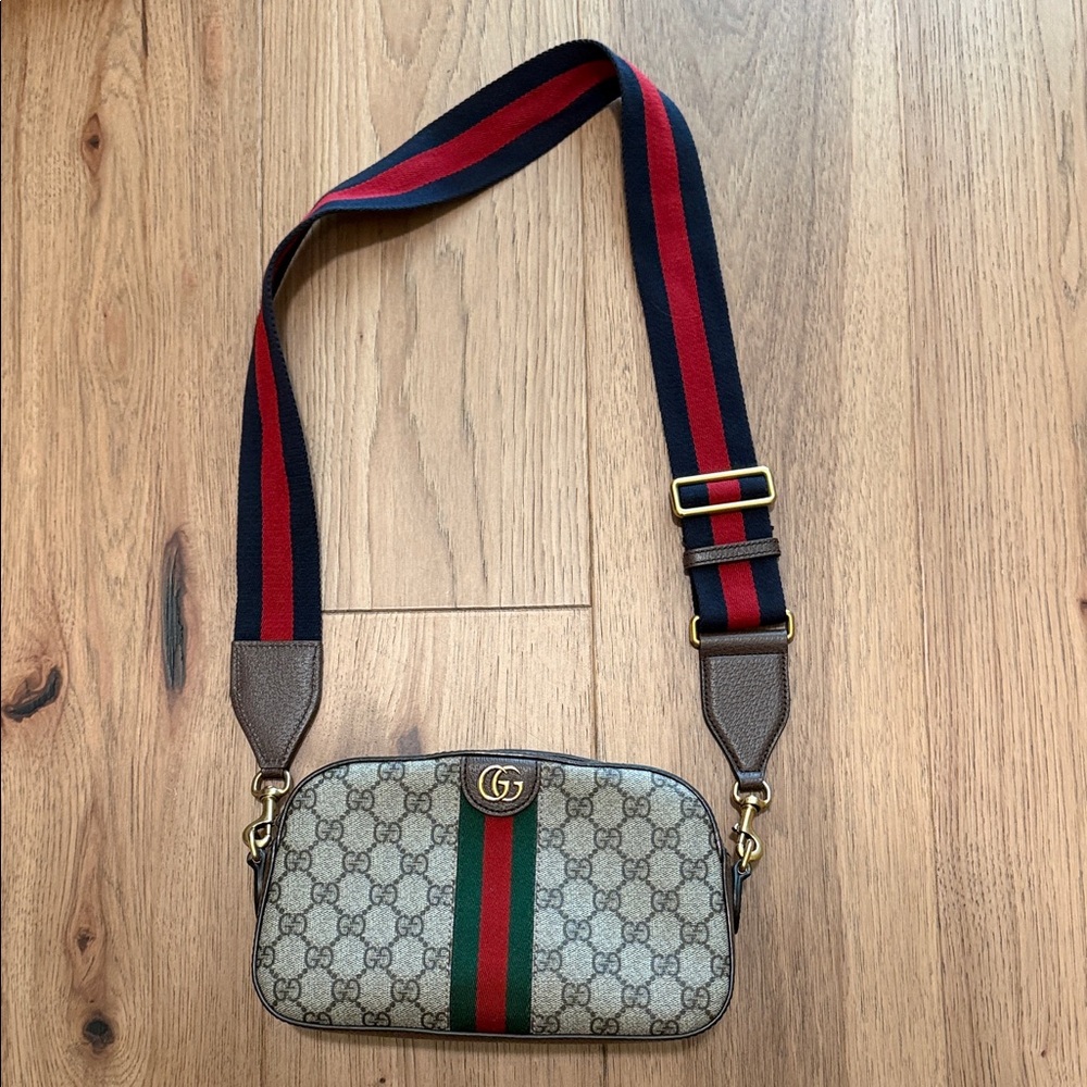Gucci Monogram Crossbody Bag with Red and Green Stripe